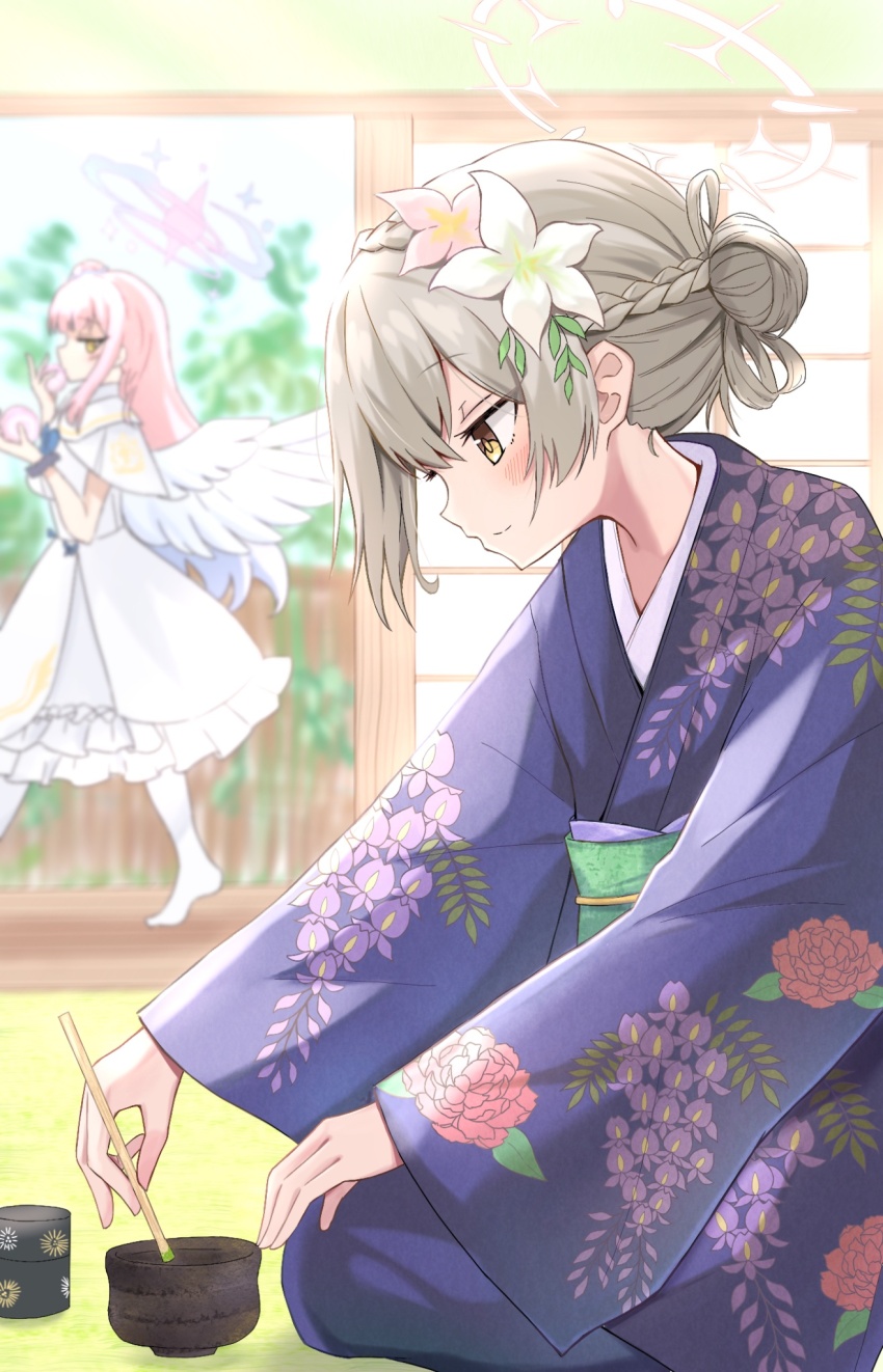 2girls, alternate_hairstyle, angel_wings, architecture, blonde_hair, blue_archive, blurry, blurry_background, blush, braid, capelet, chasen, closed_mouth, crown_braid, dress, east_asian_architecture, eating, feathered_wings, floral_print, floral_print_kimono, flower, frilled_dress, frills, hair_bun, hair_flower, hair_ornament, highres, japanese_clothes, kimono, looking_at_another, matcha_(artist), mika_(blue_archive), multiple_girls, nagisa_(blue_archive), obi, obiage, obijime, pantyhose, pink_hair, print_kimono, profile, purple_kimono, sash, scrunchie, seiza, shouji, sitting, sleeveless, sleeveless_dress, sliding_doors, smile, solo_focus, tatami, tea_ceremony, tetorariumu, walking, whisking, white_capelet, white_dress, white_pantyhose, white_wings, wings, wrist_scrunchie, yellow_eyes