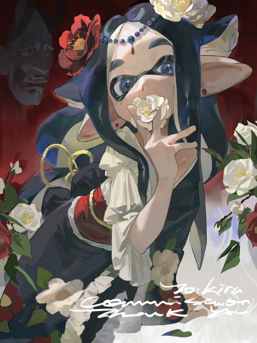 1boy, androgynous, asymmetrical_sleeves, black_hair, black_kimono, blue_eyes, blue_hair, commission