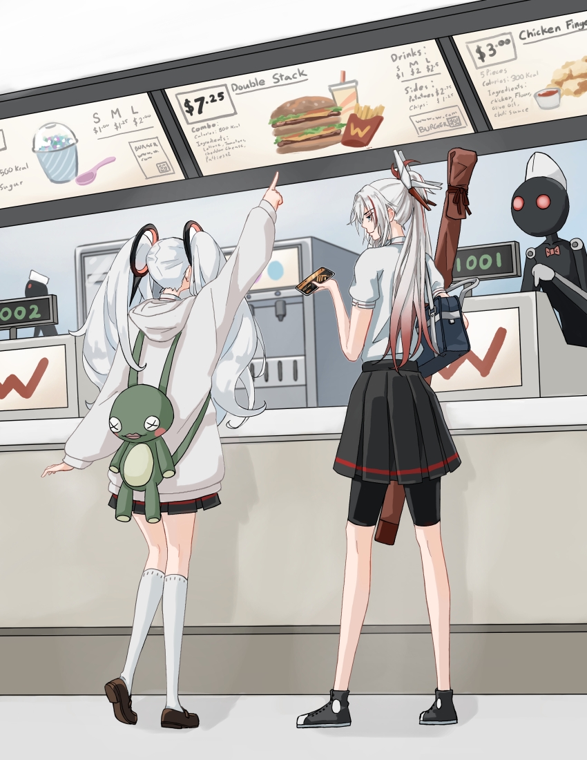 2girls, 2others, absurdres, alpha_(pgr), alternate_costume, bag, black_credit_card, black_shorts