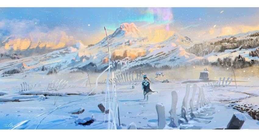 1girl, absurdres, animal, artist_name, aurora, black_coat, branch, brown_hair