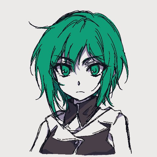 1girl, bare_shoulders, collar, collared_jacket, colored_skin, detached_collar, evillious_nendaiki, green_eyes