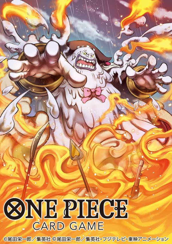 1boy, bow, bowtie, cape, charlotte_opera, cloud, commentary_request, copyright_name, cream, embers, fire, high_collar, looking_at_viewer, male_focus, nekobayashi, official_art, one_piece, one_piece_card_game, open_mouth, pink_bow, pink_bowtie, reaching, reaching_towards_viewer, sky, solo, weapon