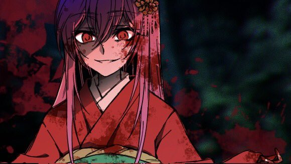 1girl, blood, blood_on_clothes, blood_on_face, blood_on_hands, commentary, crazy_eyes, crazy_smile, dark_background, empty_eyes, enbizaka_no_shitateya_(vocaloid), evil_eyes, evil_smile, evillious_nendaiki, green_background, green_sash, hair_between_eyes, hair_ornament, japanese_clothes, kanzashi, kimono, long_hair, looking_at_viewer, megurine_luka, messy_hair, obi, pink_hair, red_background, red_eyes, red_kimono, rice_rice_2525, sash, smile, solo, sudou_kayo, vocaloid, yandere