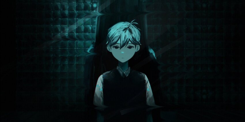 1boy, black_background, black_eyes, black_hair, black_sweater_vest, closed_mouth, collared_shirt, hellmari_(omori), k1kiwa, looking_at_viewer, male_focus, omori, shirt, short_sleeves, sunny_(omori), sweater_vest, white_shirt