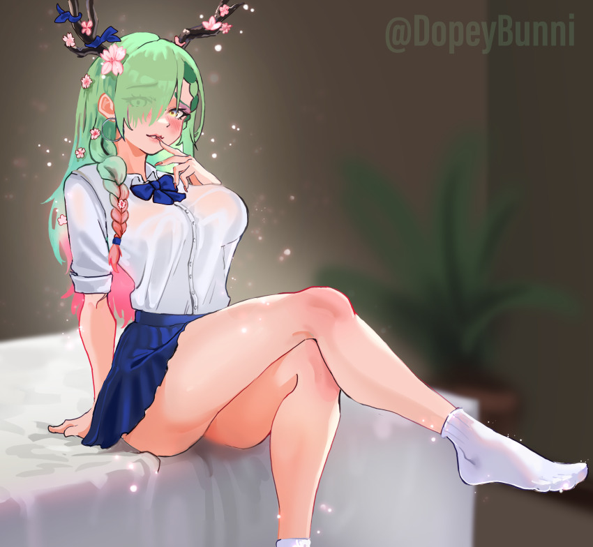 1girl, absurdres, alternate_costume, antler_ribbon, antlers, aqua_hair, ass, asymmetrical_bangs, bed, biting_own_lip, blue_bow, blue_bowtie, blue_hair, blue_skirt, blurry, blurry_background, blush, bow, bowtie, braid, braided_bangs, braided_sidelock, branch, breasts, ceres_fauna, collared_shirt, crossed_legs, dopeybunni, dress_shirt, eyes_visible_through_hair, feet, finger_to_mouth, fingernails, flower, french_braid, glowing, gradient_hair, green_hair, gyaru, hair_flower, hair_ornament, hair_over_one_eye, highres, hololive, hololive_english, horns, large_breasts, leg_up, legs, long_fingernails, long_hair, long_sleeves, looking_at_viewer, multicolored_hair, on_bed, parted_lips, pink_flower, pink_hair, plant, pleated_skirt, potted_plant, red_nails, school_uniform, shirt, side_braid, sitting, skirt, sleeves_rolled_up, socks, solo, thighs, tree_horns, twitter_username, virtual_youtuber, white_shirt, white_socks, wing_collar, yellow_eyes