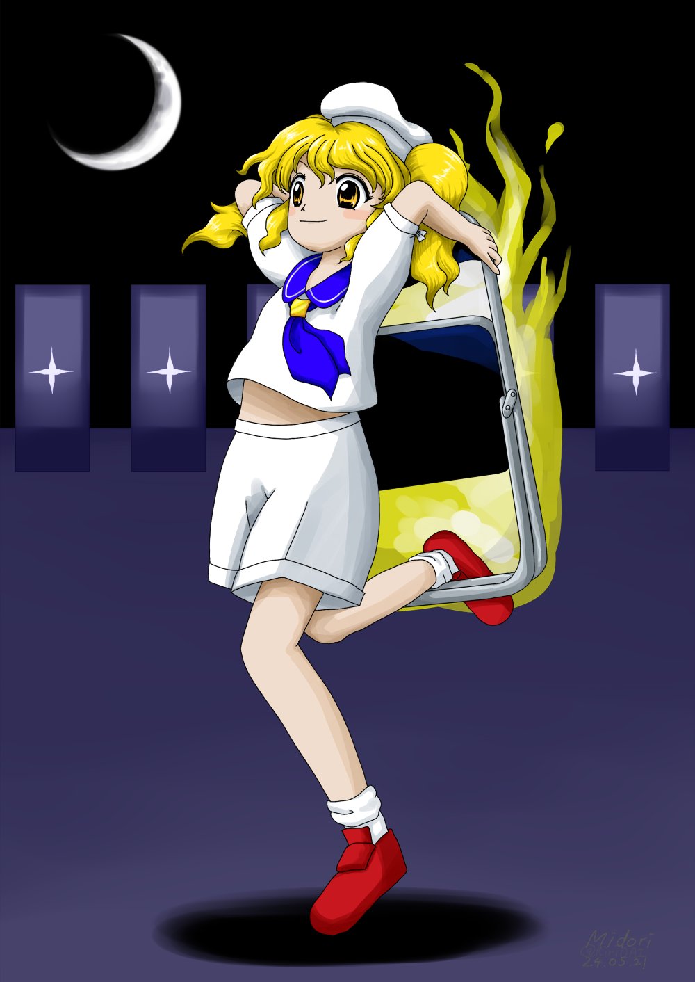 1girl, blonde_hair, blue_sailor_collar, chair, crescent, energy, folding_chair, hat, highres, kiri0ai, kitashirakawa_chiyuri, moon, red_footwear, sailor, sailor_collar, sailor_hat, shirt, short_hair, short_sleeves, shorts, smile, socks, touhou, touhou_(pc-98), twintails, white_shorts, white_socks, yellow_eyes, zun_(style)