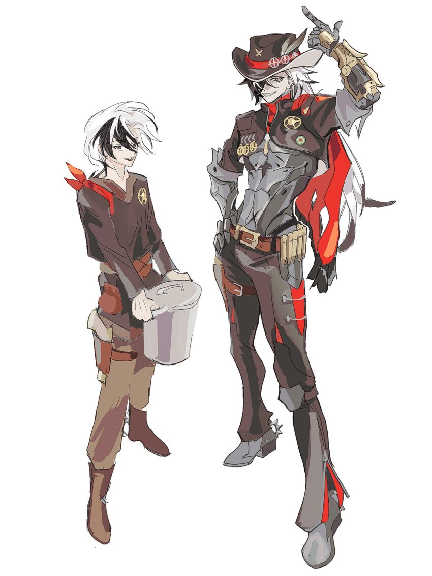 2boys, aged_down, belt, belt_buckle, black_hair, black_hat, boothill_(honkai:_star_rail), brown_belt, buckle, full_body, hair_over_one_eye, hat, hat_feather, highres, honkai:_star_rail, honkai_(series), jwisae232, long_hair, multicolored_hair, multiple_boys, police_badge, sharp_teeth, shoes, short_hair, split-color_hair, spurs, teeth, two-tone_hair, white_background, white_hair, zipper