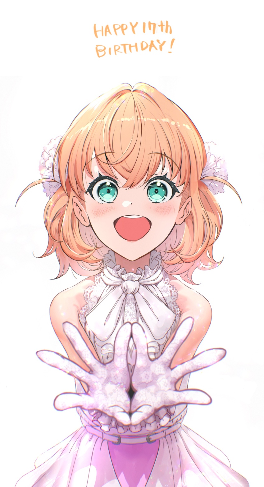 1girl, :d, aqua_eyes, blush, character_age, commentary, crossed_bangs, dress