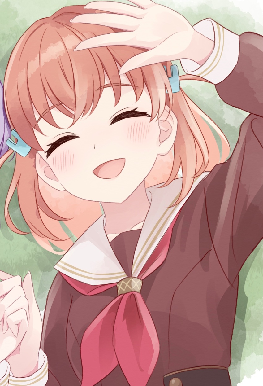 2girls, ^_^, blush, brown_dress, closed_eyes, collarbone, commentary_request, crossed_bangs