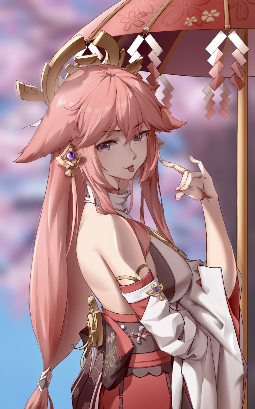 1girl, akilv, animal_ears, arm_under_breasts, blurry, blurry_background, breasts, cherry_blossoms