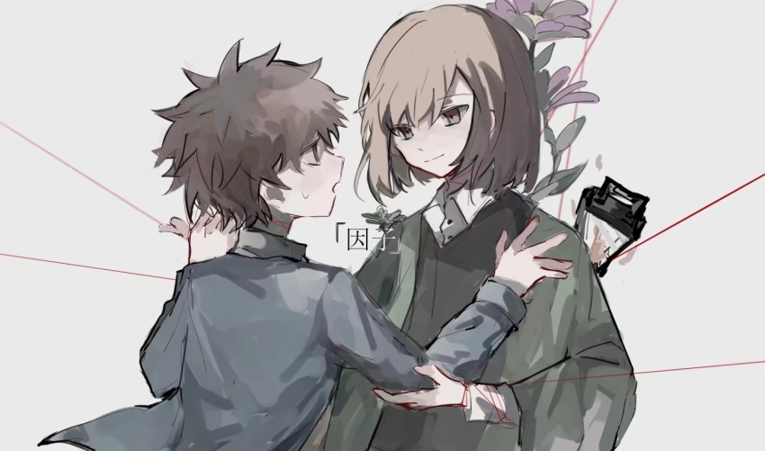 2boys, black_vest, blue_shirt, brown_hair, chinese_commentary, closed_mouth, collared_shirt, commentary_request