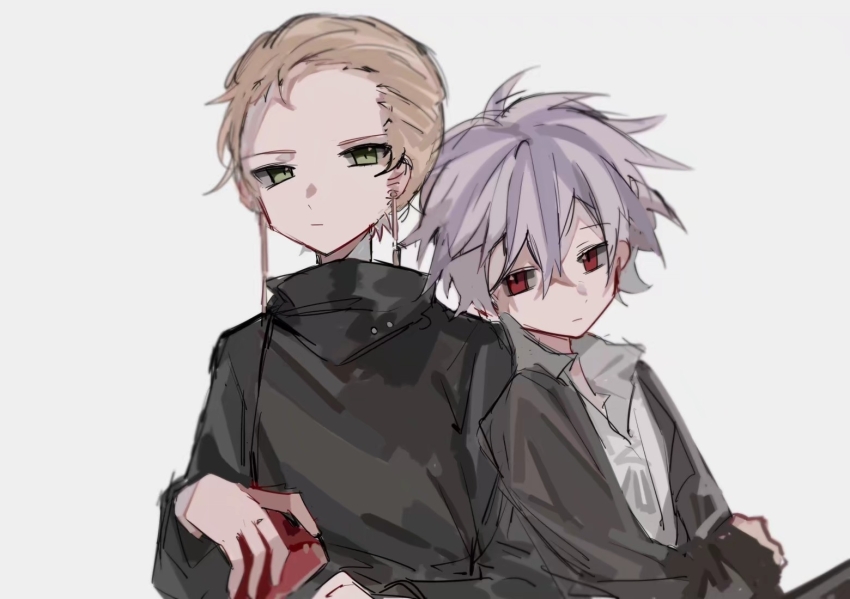 2boys, black_jacket, blonde_hair, chinese_commentary, closed_mouth, collared_shirt, commentary_request, green_eyes