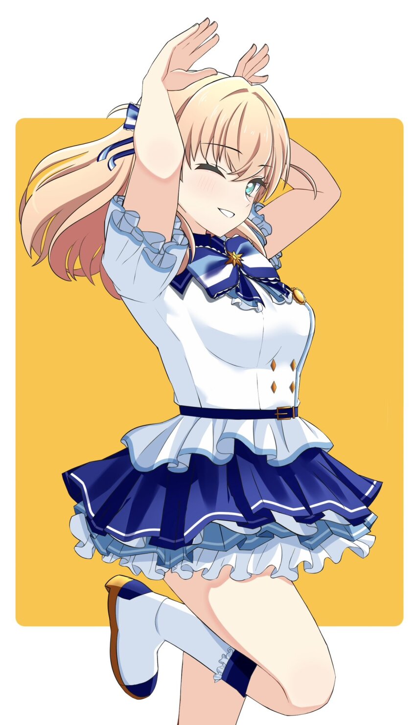 1girl, 365_days_(love_live!), ;d, ame_(amedayo_njgk), ankle_boots, aqua_eyes, arms_up, blue_bow