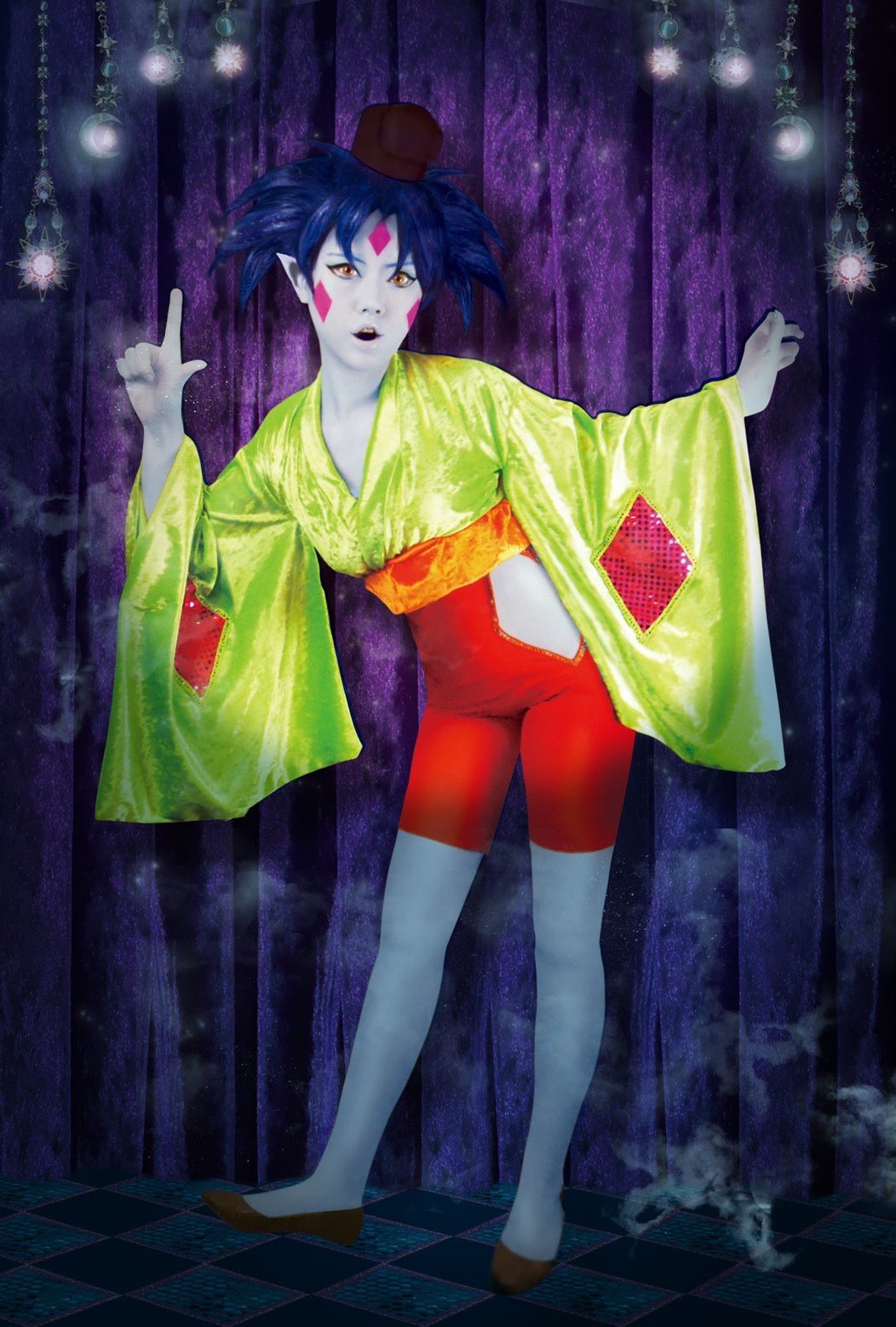 1girl, :o, bare_legs, bishoujo_senshi_sailor_moon, bishoujo_senshi_sailor_moon_supers, black_eyes, bodysuit, clothing_cutout, colored_skin, cosplay, demon_girl, facial_mark, full_body, highres, index_finger_raised, japanese_clothes, kyapi_zoukangou, legs_apart, lemures_(sailor_moon), light_smile, looking_at_viewer, open_mouth, photo_(medium), pointy_ears, ponko_(sailor_moon), ponko_(sailor_moon)_(cosplay), skin_tight, spiked_hair, tail, teeth, wide_hips