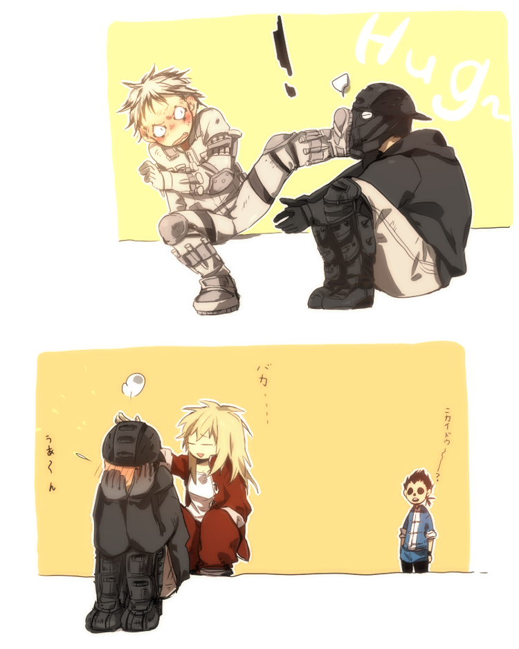 !, 1girl, 3boys, aikawa_(dorohedoro), aikawa_you, artist_request, bad_id, bad_pixiv_id