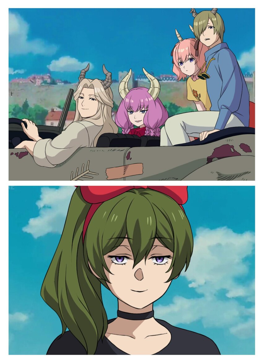 2boys, 3girls, aura_(sousou_no_frieren), black_choker, black_dress, blue_sky, bow, building