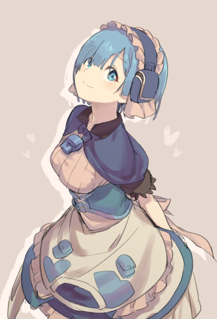 1girl, apron, arms_behind_back, back_bow, black_sleeves, blue_capelet, blue_corset, blue_dress, bow, breasts, capelet, commentary_request, corset, cosplay, dress, frilled_apron, frilled_sleeves, frills, grey_background, head_tilt, heart, looking_to_the_side, made_in_abyss, maid, maid_apron, maid_headdress, maruruk, maruruk_(cosplay), medium_breasts, morimori_chikka, outline, pink_bow, puffy_short_sleeves, puffy_sleeves, re:zero_kara_hajimeru_isekai_seikatsu, rem_(re:zero), short_hair, short_sleeves, simple_background, smile, solo, whistle, white_apron, white_outline
