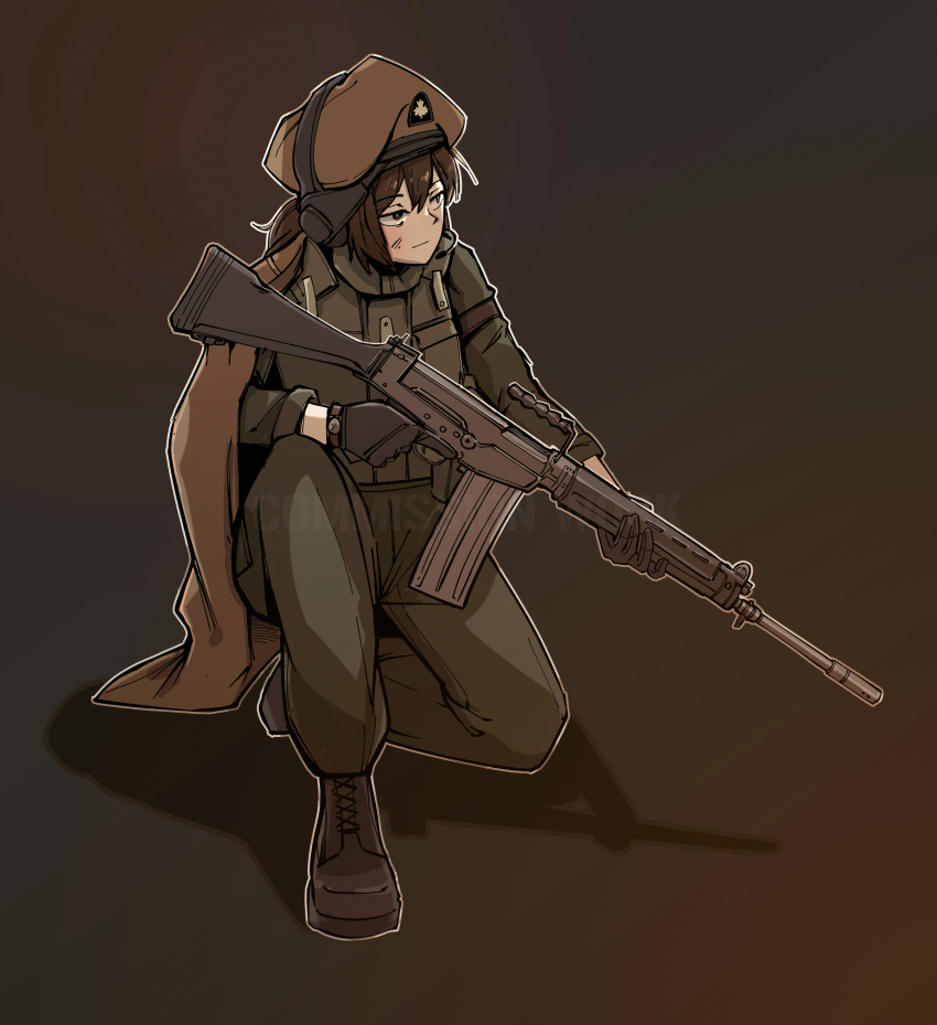 1girl, absurdres, battle_rifle, beret, black_gloves, boots, brown_hair, commission