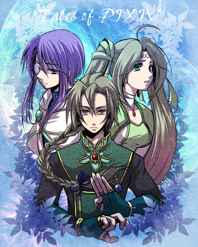 1girl, 2boys, adel_crawford, ahoge, aino_yumeri, braid, brown_eyes, fantasy, fingerless_gloves, gloves, green_eyes, green_hair, long_hair, mireille_feydeau, monocle, multiple_boys, original, parted_lips, purple_eyes, purple_hair, sadier_adouras, sidelocks, single_braid, tales_of_(series), tales_of_pixiv, twintails