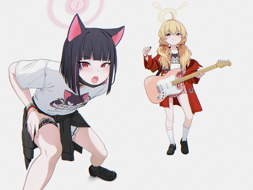 2girls, ahoge, animal_ears, be_my_baby_(complex), be_my_baby_(song), black_footwear, black_hair, black_jacket, black_mask, blonde_hair, blue_archive, cat_ears, clothes_around_waist, colored_inner_hair, electric_guitar, fender_stratocaster, guitar, halo, highres, holding, holding_instrument, instrument, jacket, jacket_around_waist, kazusa_(band)_(blue_archive), kazusa_(blue_archive), kuroneko_(kuroneko3zizi), long_hair, low_twintails, mask, mask_pull, mouth_mask, multicolored_hair, multiple_girls, official_alternate_costume, open_clothes, open_jacket, pink_hair, pink_halo, pink_skirt, pleated_skirt, red_eyes, red_jacket, shirt, shoes, short_hair, short_sleeves, simple_background, skirt, twintails, white_background, white_shirt, white_skirt, yellow_eyes, yellow_halo, yoshimi_(band)_(blue_archive), yoshimi_(blue_archive)