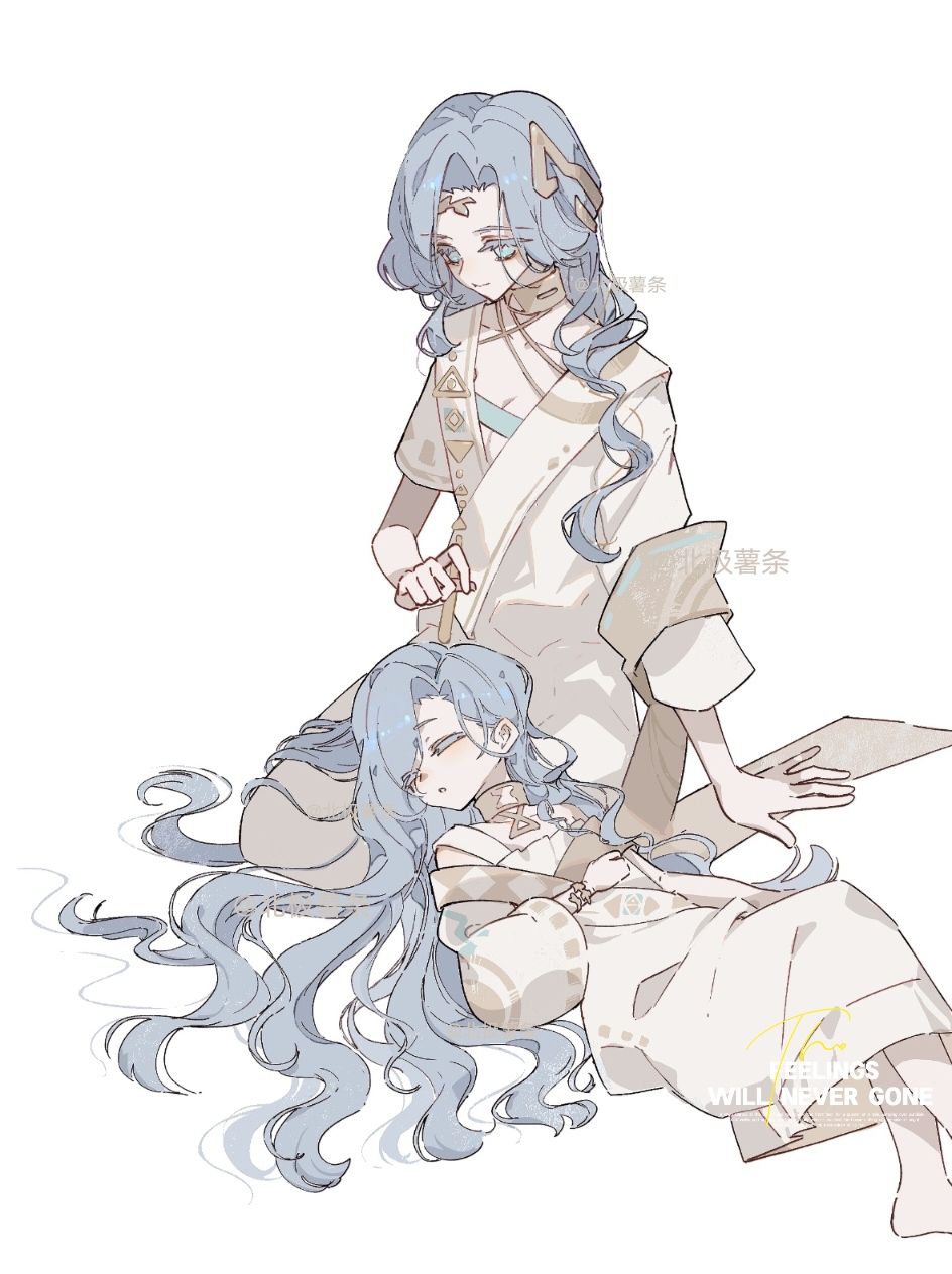 2girls, 37_(reverse:1999), 77_(reverse:1999), aged_down, ancient_greek_clothes, arm_support, artist_name, barefoot, beiji_shutiao, blue_eyes, blue_hair, breasts, cleavage, closed_eyes, gold_choker, greco-roman_clothes, hair_ornament, hair_spread_out, highres, lap_pillow, long_hair, looking_at_another, looking_down, lying, lying_on_lap, mother_and_child, mother_and_daughter, multiple_girls, on_back, parent_and_child, reverse:1999, seiza, sitting, sleeping, sleeping_on_person, smile, toga, watermark, white_background