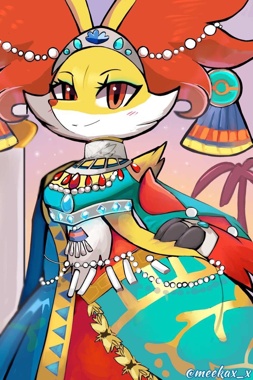 absurdres, blush, crown, delphox, delphox_(sacred), dress, eyeshadow, furry