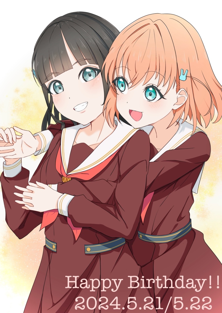 2girls, :d, animification, aqua_eyes, black_hair, blunt_bangs, blush, brown_dress