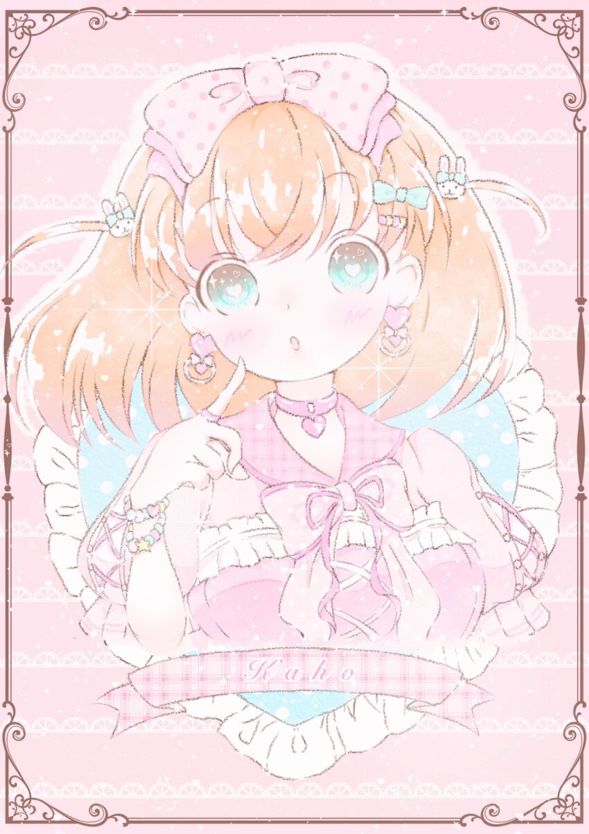 1girl, :o, alfaromio, aqua_eyes, bead_bracelet, beads, blush, border, bow, bow_hairband, bowtie, bracelet, character_name, commentary_request, cropped_torso, crossed_bangs, dress, earrings, finger_to_cheek, frilled_dress, frills, hair_ornament, hairband, happy_shijo_shugi!_(love_live!), heart, heart-shaped_pupils, heart_earrings, highres, hinoshita_kaho, jewelry, link!_like!_love_live!, love_live!, medium_hair, open_mouth, orange_hair, ornate_border, pale_color, pink_bow, pink_bowtie, pink_dress, puffy_short_sleeves, puffy_sleeves, rabbit_hair_ornament, short_sleeves, solo, symbol-shaped_pupils, two_side_up, upper_body, virtual_youtuber