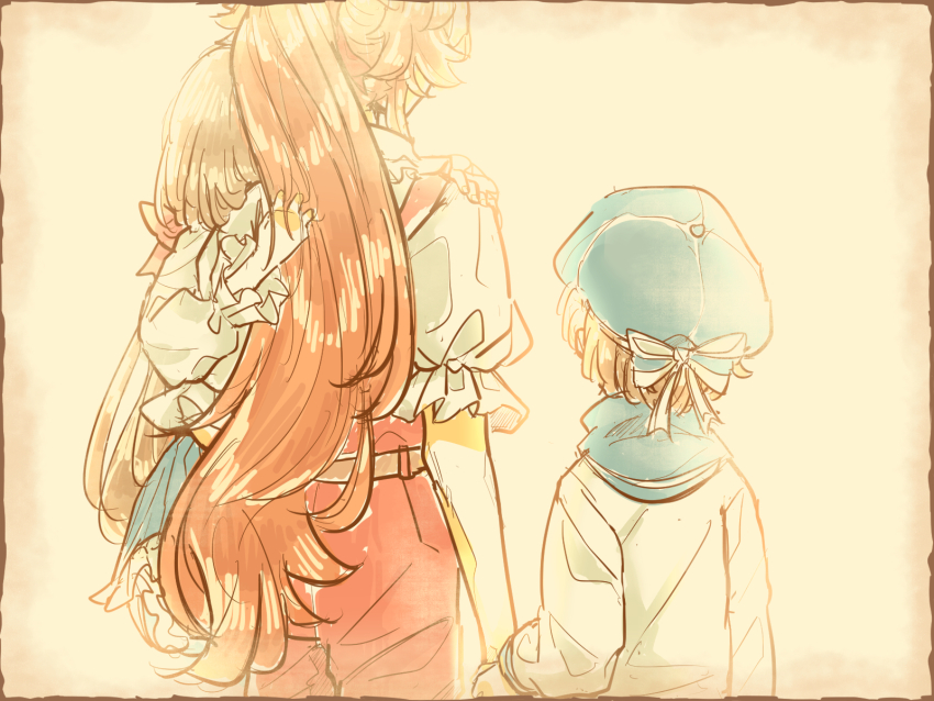 1boy, 2girls, alternate_universe, brother_and_sister, brown_hair, elise_liedl, goldia_die_heilige, hair_ribbon