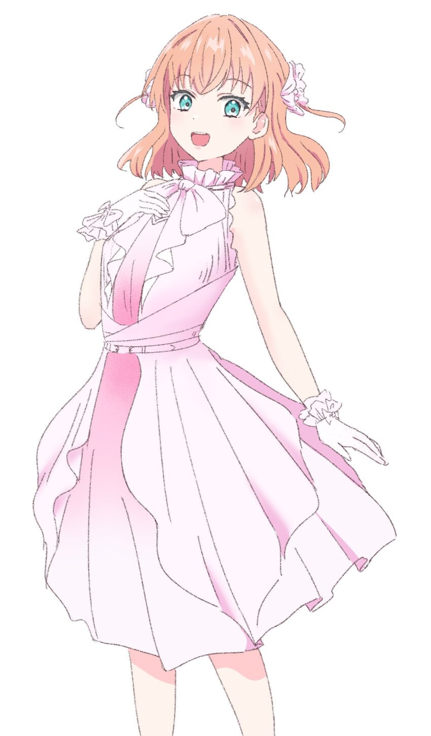 1girl, :d, aqua_eyes, commentary_request, crossed_bangs, dress, feet_out_of_frame, frilled_gloves