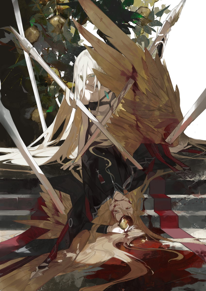 1boy, 1girl, absurdres, akmtakira, apple, black_bra, black_jacket, black_pants