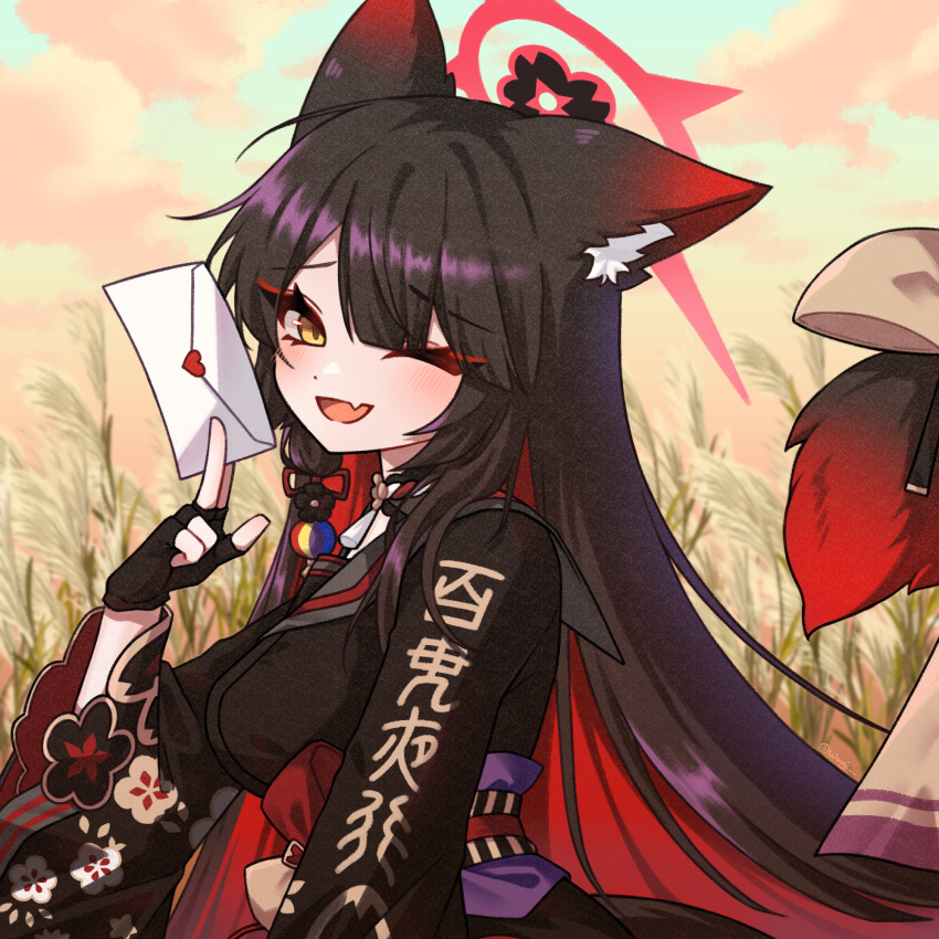 1girl, ;d, animal_ear_fluff, animal_ears, black_choker, black_gloves, black_hair, black_serafuku