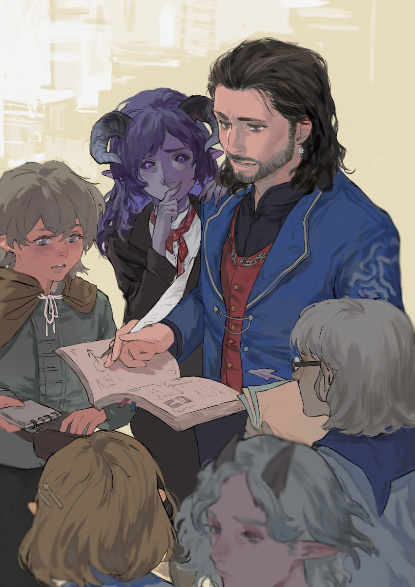 2girls, 3boys, absurdres, baldur's_gate, baldur's_gate_3, beard, black_sclera, blonde_hair, blue_hair, blue_jacket, book, brown_eyes, brown_hair, child, colored_sclera, colored_skin, curled_horns, demon_girl, demon_horns, facial_hair, fingernails, from_side, gale_(baldur's_gate), glasses, green_shirt, grey_eyes, grey_hair, hair_ornament, hairpin, hand_on_own_face, highres, holding, holding_book, holding_quill, horns, jacket, lovea1n0, medium_hair, multiple_boys, multiple_girls, open_mouth, pointy_ears, purple_eyes, purple_hair, purple_skin, quill, sharp_fingernails, shirt, short_hair, simple_background, teacher, teacher_and_student, teaching, tiefling, upper_body, yellow_background