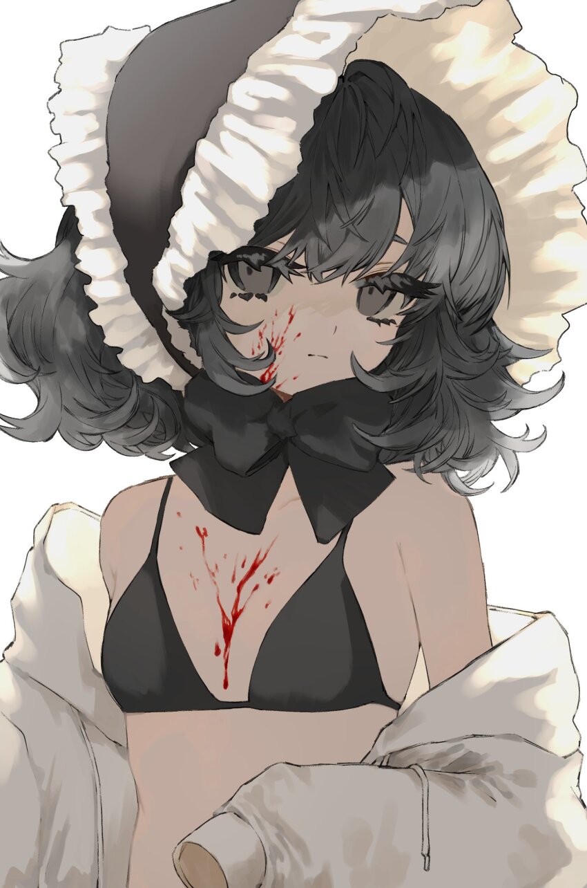 1girl, bikini, black_bikini, black_bow, black_eyes, black_hair, blood, blood_on_chest