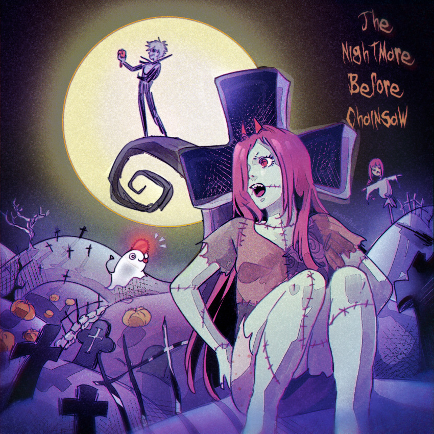 amachu_a, breasts, chainsaw_man, chromatic_aberration, colored_skin, commentary, cosplay, cross-shaped_pupils