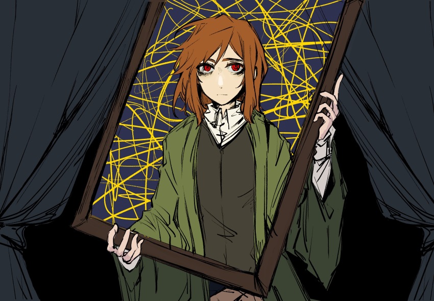 1boy, black_vest, brown_hair, chinese_commentary, closed_mouth, collared_shirt, commentary_request, curtains