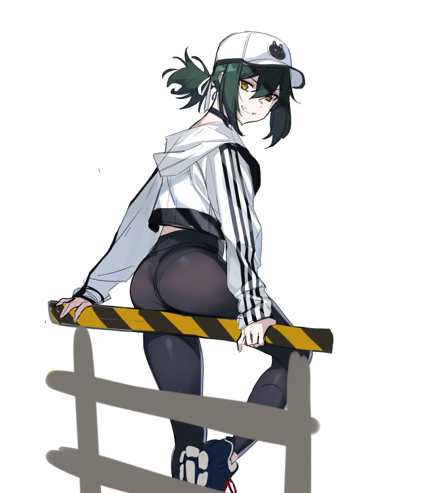 1girl, absurdres, ass, baseball_cap, black_choker, black_pants, choker, controlline3, counter:side, cropped_jacket, hat, highres, hood, hood_down, hooded_jacket, jacket, laika_(counter:side), looking_at_viewer, looking_back, pants, ponytail, railing, shoes, simple_background, solo, track_jacket, white_background, white_hat, white_jacket, yellow_eyes, yoga_pants