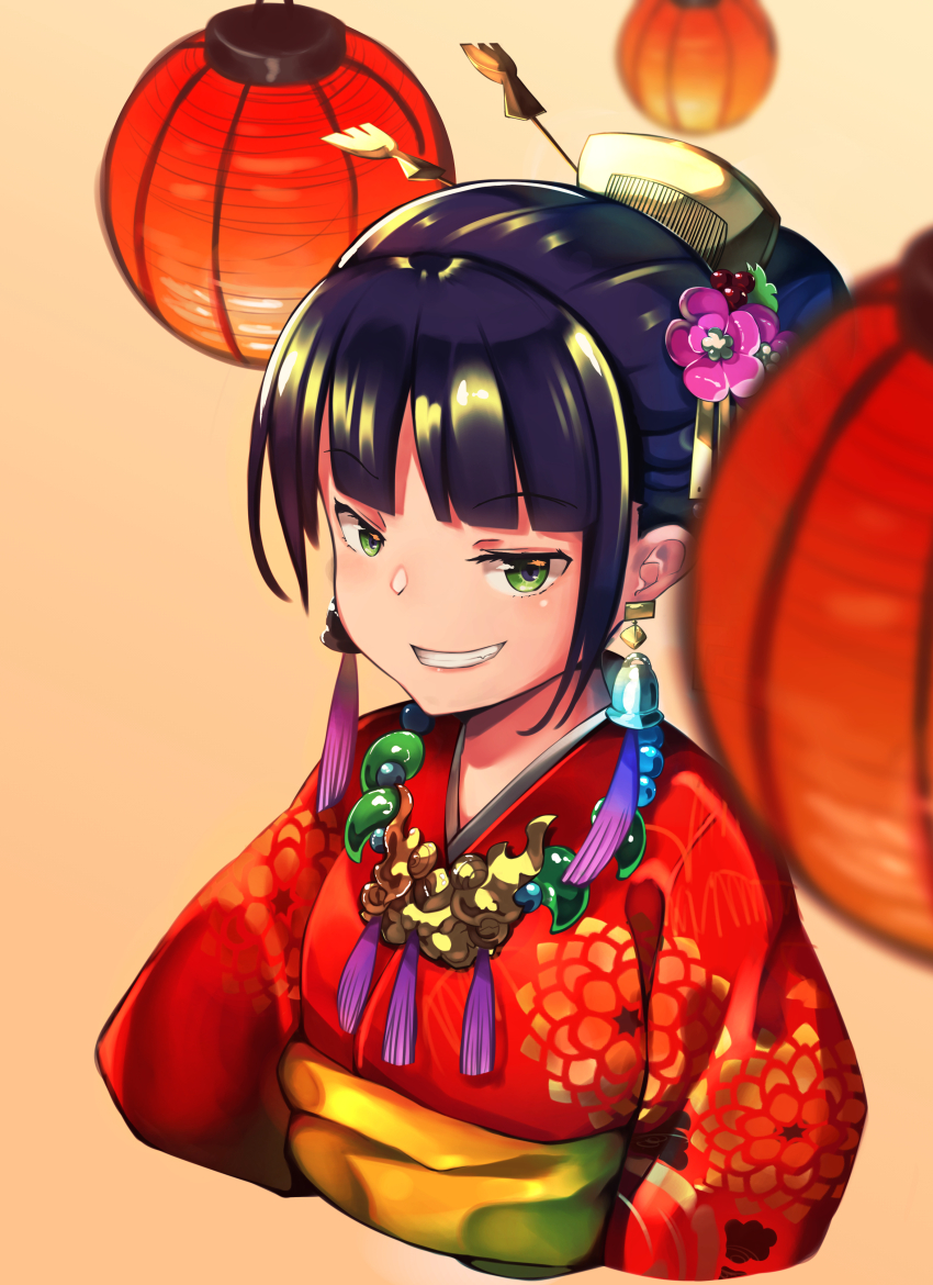 1girl, absurdres, bell, bell_earrings, black_hair, brown_background, comb, commentary