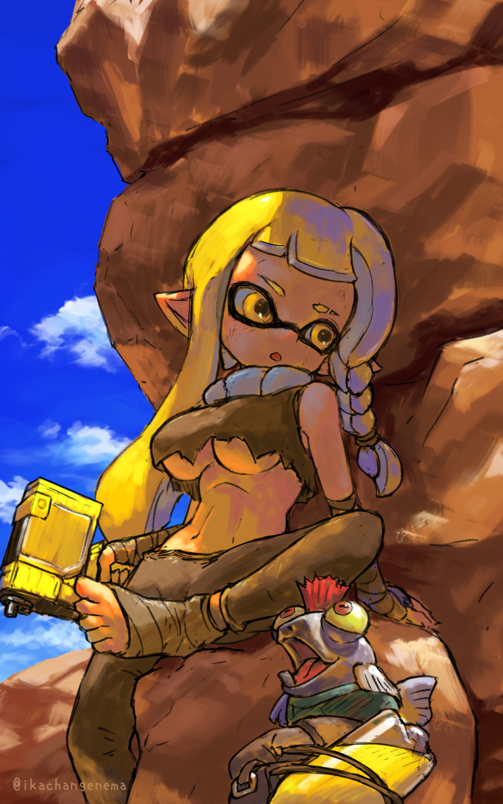 1girl, agent_3_(splatoon_3), bandaged_foot, bandages, black_pants, black_shirt, blonde_hair, blue_sky, braid, breasts, cloud, commentary, commentary_request, english_commentary, hero_shot_(splatoon_3), highres, ikachangenema, inkling, inkling_girl, inkling_player_character, large_breasts, long_hair, mixed-language_commentary, navel, nintendo, on_rock, open_mouth, pants, pointy_ears, rock, shirt, single_braid, sitting, sky, smallfry_(splatoon), splatoon_(series), splatoon_3, tentacle_hair, toes, torn_clothes, torn_shirt, underboob, yellow_eyes