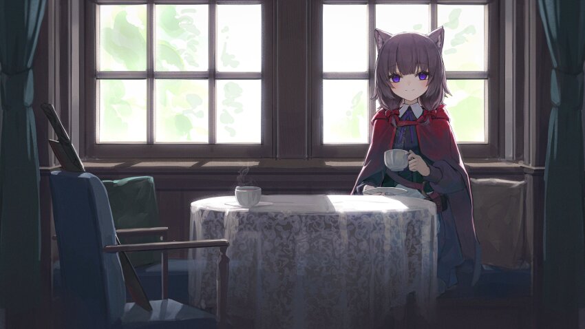 1girl, 2024, absurdres, animal_ear_fluff, animal_ears, cape, chair, cup, curtains, dog_girl, ebiri__fy, highres, indie_virtual_youtuber, indoors, loli, looking_at_viewer, nokkovt, red_cape, sitting, solo, table, tea, teacup, virtual_youtuber, window