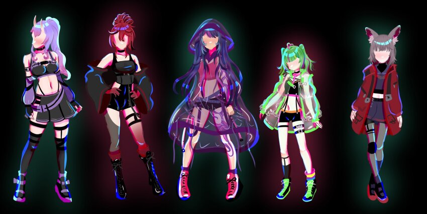 5girls, animal_ears, brookevt, brown_hair, dog_ears, faceless, faceless_female, green_hair