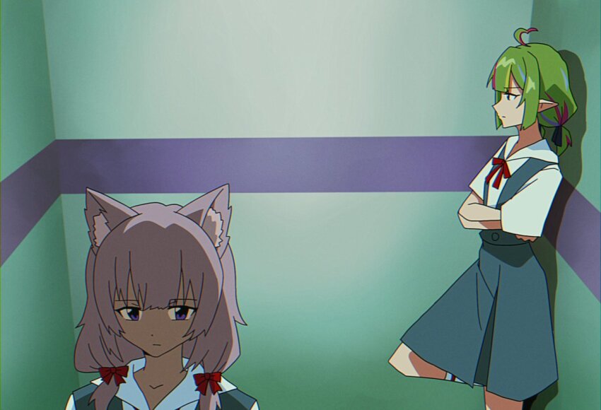2girls, animal_ears, brown_hair, crossed_arms, green_hair, hexavt, indie_virtual_youtuber, multiple_girls
