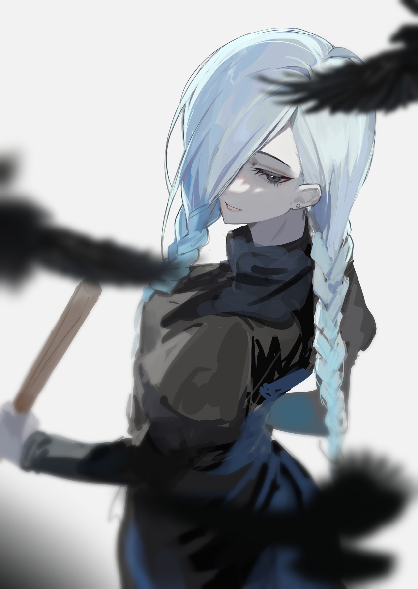 1girl, 9boksen, absurdres, bird, blue_hair, braid, cowboy_shot, crow, earrings, from_behind, grey_background, hair_over_one_eye, highres, jewelry, jujutsu_kaisen, light_blue_hair, long_hair, looking_at_viewer, looking_back, mei_mei_(jujutsu_kaisen), parted_lips, simple_background, sketch, smile, solo, standing