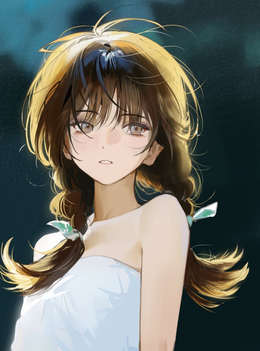 1girl, 9boksen, antenna_hair, bare_arms, bare_shoulders, braid, brown_eyes, brown_hair