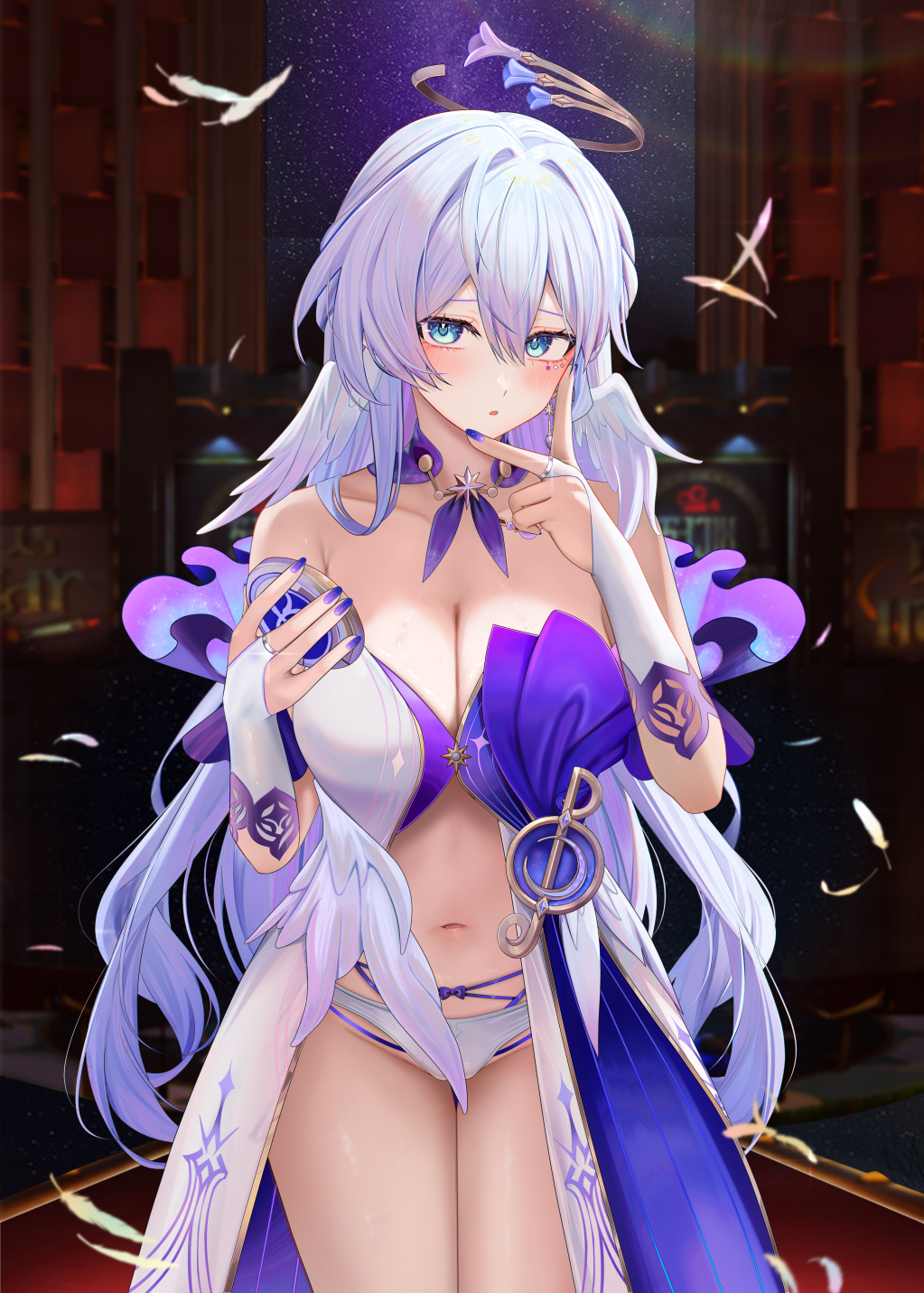 1girl, :o, blue_dress, blue_eyes, blue_hair, blue_nails, breasts, bridal_gauntlets, brown_halo, cleavage, commentary_request, dress, fingernails, halo, head_wings, highres, holding, honkai:_star_rail, honkai_(series), indoors, jewel_under_eye, large_breasts, long_hair, looking_at_viewer, musical_note_ornament, nail_polish, navel, robin_(honkai:_star_rail), ru_zhai, solo, standing, thighs, two-tone_dress, white_dress, wings