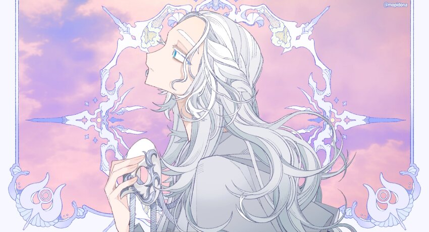 1girl, blue_eyes, border, braid, capelet, closed_mouth, cloud, colored_eyelashes