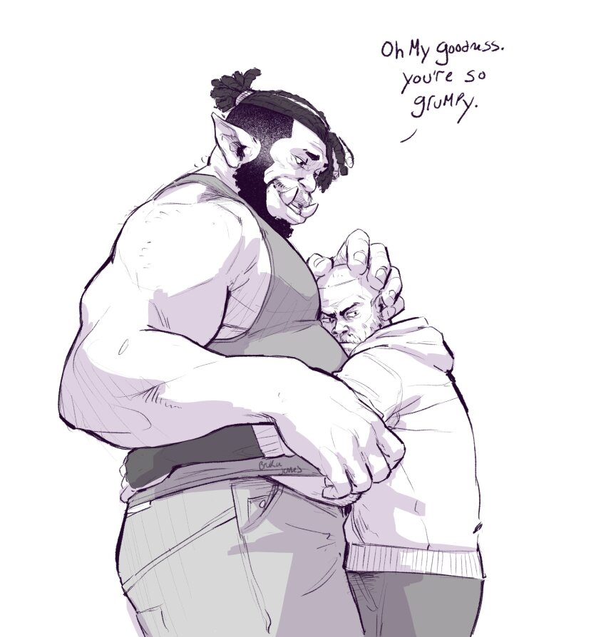 2boys, absurdres, bara, beard, big_belly, black_tank_top, bruka_jones, buzz_cut, comforting, couple, cowboy_shot, denim, dreadlocks, facial_hair, fat, fat_man, from_side, full_beard, greyscale, high_ponytail, highres, hug, jeans, large_hands, large_pectorals, male_focus, mature_eyes, mature_male, midriff_peek, monochrome, monster_boy, multiple_boys, muscular, muscular_arms, muscular_male, mustache_stubble, navel_hair_peek, orc, original, pants, pectorals, ponytail, profile, short_hair, size_difference, standing, stubble, tank_top, thick_beard, thick_eyebrows, tusks, undercut, very_short_hair, yaoi