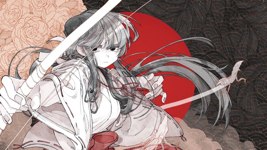 1girl, :|, aiming, aiming_at_viewer, black_background, black_eyes, black_hair, blunt_bangs, bow_(weapon), closed_mouth, cloud, eogo_(mopidona), fingernails, floral_background, frown, hakama, highres, holding, holding_bow_(weapon), holding_weapon, inuyasha, japanese_clothes, kikyou_(inuyasha), kimono, korean_commentary, long_hair, long_sleeves, looking_at_viewer, low_ponytail, miko, multicolored_background, orange_background, outstretched_arm, ponytail, red_background, red_hakama, ribbon-trimmed_sleeves, ribbon_trim, seigaiha, serious, shinidamachuu, solo, spirit, upper_body, weapon, white_kimono, wide_sleeves