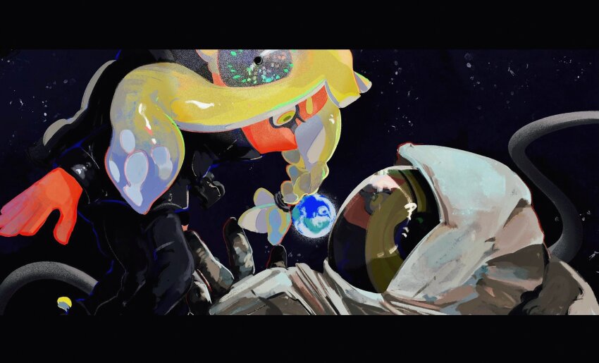 1girl, 1other, agent_3_(splatoon_3), arm_at_side, astronaut, asymmetrical_hair, backpack, bag