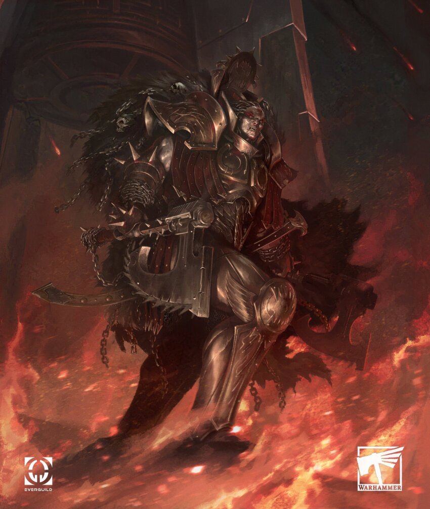 1boy, alvarojh_art, angron, armor, armored_boots, boots, breastplate, chain, chain_axe, chaos_(warhammer), copyright_name, embers, facepaint, fire, full_armor, gold_armor, gorechild, gorefather, hair_tubes, highres, holding, holding_weapon, open_mouth, pauldrons, power_armor, primarch, red_facepaint, shoulder_armor, skull, solo, teeth, vambraces, warhammer_40k, weapon